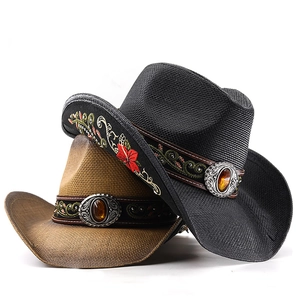 Western Cowboy Hat Paper Straw Wide Brim Floral Embroidery Faux Gemstone Ethnic Retro Breathable Beach Sun Hat Women Men