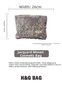 Macro shot of purple floral jacquard makeup bag showing 26x18cm size and canvas lining