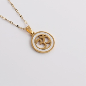 Gold stainless steel Om symbol necklace with white mother of pearl round pendant inlay
