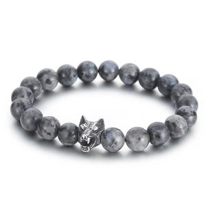 Beaded natural stone bracelet featuring grey labradorite beads and a silver wolf head charm