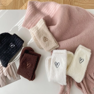 Thick mink velvet crew socks with heart embroidery in various neutral colors
