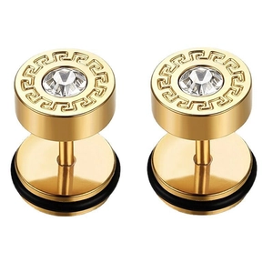 Macro shot of gold stainless steel stud earrings with zircon and classic fret pattern