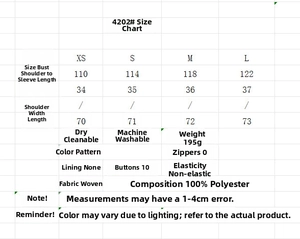 Size chart detail for casual floral shirt and pants set showing dimensions and fabric care