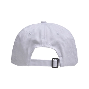 Close-up of the adjustable black metal buckle and twill fabric on a white baseball cap