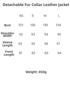 Detailed size chart for faux leather jacket with chest, shoulder, and sleeve measurements