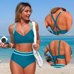 Peacock blue two-piece high waisted bikini with ruched top and contrast trim