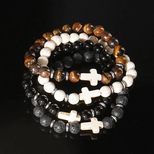Men's natural stone bead bracelets with cross pendants in obsidian and tiger eye