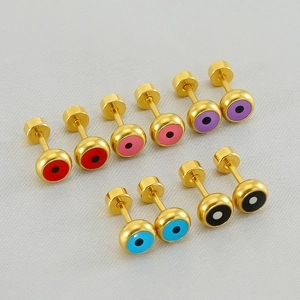 Round Evil Eye Stud Earrings Stainless Steel 18K Gold Plated Enamel Flat Threaded Screw Back Minimalist Jewelry For Women