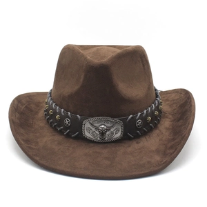 Brown faux suede western cowboy hat with vintage bull head buckle and star studs