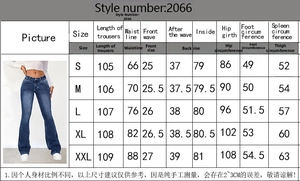 Detailed size chart for retro flared jeans showing measurements from S to XXL sizes