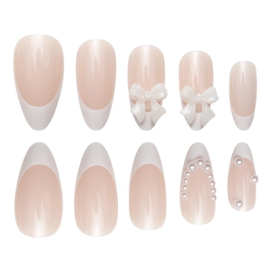 French tip press-on nails with 3D white bows and elegant pearl accents, 10pcs set