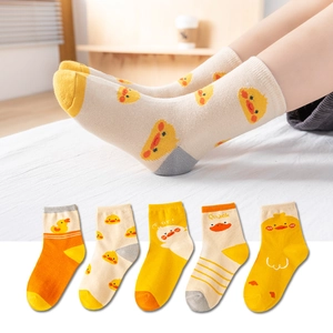 5-pack of cute cartoon cotton mid-tube socks for toddlers in yellow and beige tones