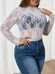 Women's white floral lace long sleeve top with sheer mesh texture and elegant high neck