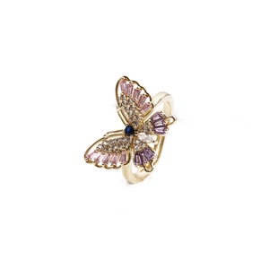 Bague papillon dorée élégante ornée de zircons cubiques multicolores de formes variées