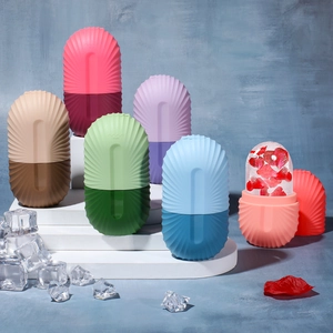 Diamond-shaped silicone face ice rollers in various colors with cooling ice cubes