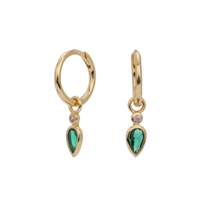 Detail of S925 silver gold-plated hoop earrings with pink and green drop zircons