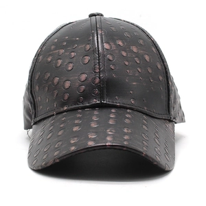 Front detail of black faux leather baseball cap with antique bronze studded metal dots