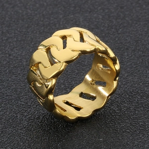 Detailed close-up of golden stainless steel Cuban chain ring with hollow design