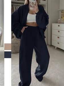 Ensemble De Sport Tricoté Élégant Pour Femmes Veste À Fermeture Éclair Et Pantalon Large Couleur Unie Manches Longues Tenue Décontractée