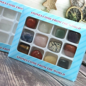 Natural crystal and mineral specimen set of 12 polished gemstones in a blue gift box