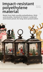 Close-up of vintage bronze Christmas music box lanterns with festive miniature scenes