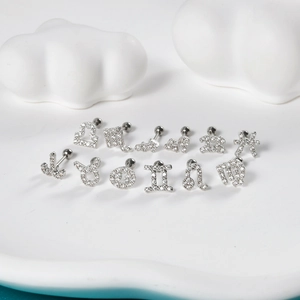 Detailed close-up of 12 zodiac stud earrings with sparkling cubic zirconia on a white background