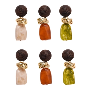 Retro resin geometric drop earrings with wood beads and gold metal knots in three colors