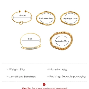 5-piece gold geometric chain bracelet set with crystal accents and size measurements