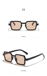 Front and 45-degree angle views of vintage square black frame sunglasses with amber lenses