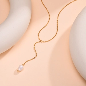 Elegant gold-plated stainless steel Y-shaped necklace with a white pearl pendant for women