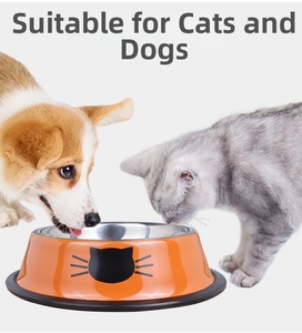 Detail view of orange stainless steel pet bowl featuring a cat face design for dogs and cats