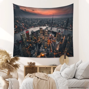 Bohemian wall tapestry featuring Shanghai Bund night skyline for home bedroom decor