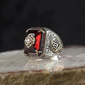 Vintage ethnic men's silver ring with rectangular red gemstone and floral engravings