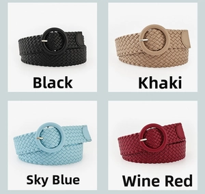 Braided waist belts set in black, khaki, sky blue, and wine red with round buckles