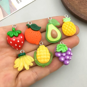 Mixed set of colorful resin fruit and vegetable pendants with silver metal hanging loops