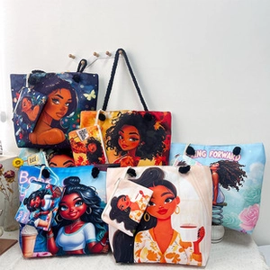 Colorful cartoon tote bags with matching coin purses featuring stylish Black women illustrations