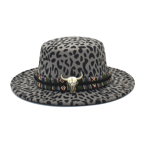 Leopard Print Fedora Hat Women Wide Brim Flat Top Wool Felt Western Cowboy Ethnic Woven Band Bull Skull Decor