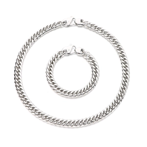 Polished silver stainless steel Cuban chain necklace and bracelet set with lobster clasp