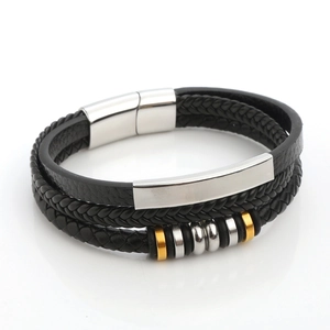 Men's multi-layer braided leather bracelet with silver metal plate and magnetic clasp