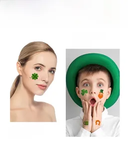 Face and hand application of St. Patrick's Day tattoos with shamrock and leprechaun motifs