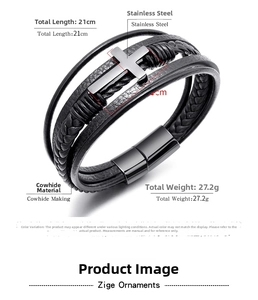 Detail of woven black leather bracelet with stainless steel cross and magnetic clasp