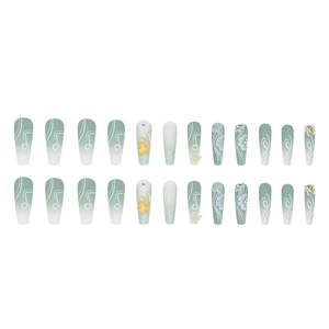 Long ballet press-on nails with matcha green gradient, gold butterfly, and floral diamond accents