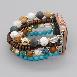 Detail of bohemian multilayer beaded watch strap with wood and turquoise stones