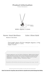 Detailed technical specifications and dimensions of the S925 silver heart pendant necklace