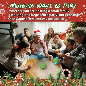 Green Christmas gift exchange dice showing swap gifts instruction in a festive party setting