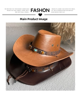 Detail of wide brim western cowboy hats with turquoise beads and braided belt