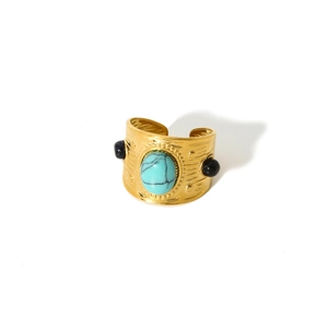Detail of a vintage 18k gold plated stainless steel cuff featuring a turquoise stone inlay