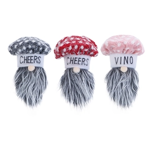 Three-piece set of Christmas gnome wine bottle covers with polka dots and Cheers embroidery