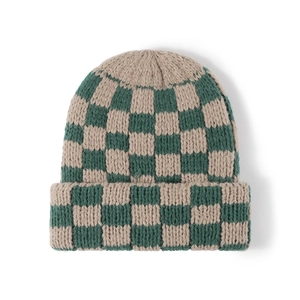 Green and brown checkerboard knit beanie with folded brim for autumn and winter