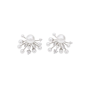 Elegant silver fireworks stud earrings with pearls and zircon crystals in a sunburst design
